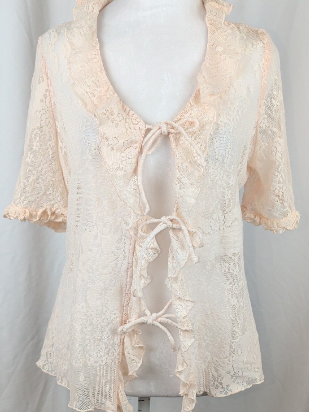 À La Une Pastel Pink Lace Ruffle Tie Front Coquette Cardigan Top Medium - Picture 2 of 15